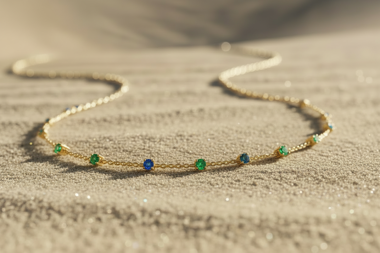 add some jewerly in the sand in a closeup shot 